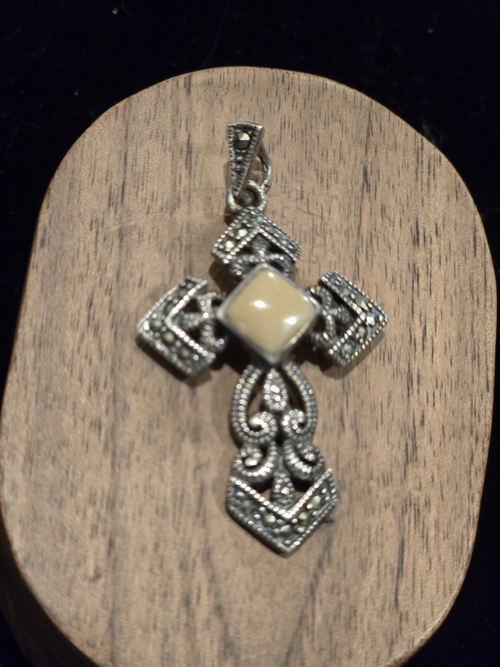 Vintage Marcasite Sterling 925 Cross Pendant with Cream Stone